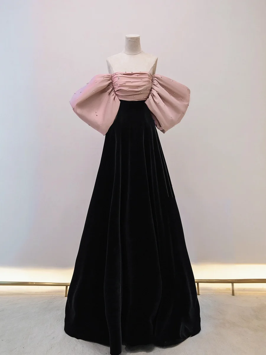 Women Vintage Black A-Line Evening Dresses 2023 Women Formal Party Vestido De Gala Elegant Puff Sleeve Prom Gowns