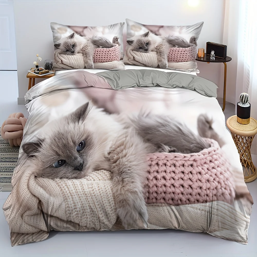 

Lovely Pet Cat Duvet Cover Set (1 Duvet Cover + 1/2 Pillowcase) Soft Comfortable Cute Kitten Bedding Set For Bedroom Dorm Room