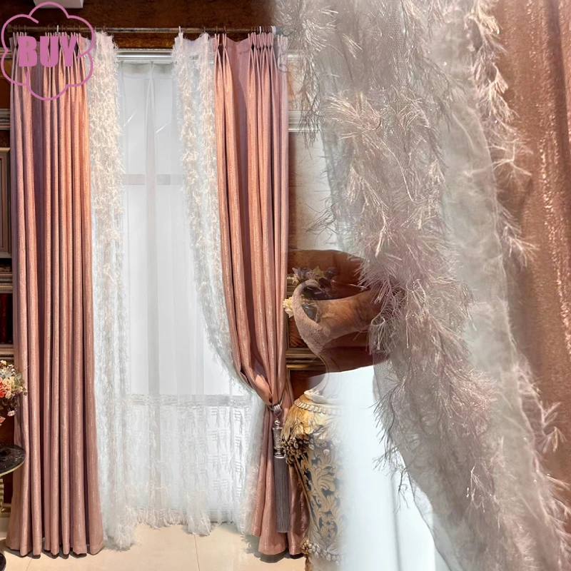 New Pink Gilded Jacquard Feather Screen Patched Curtains for Living Room Bedroom French Window Balcony Bay Window Customized