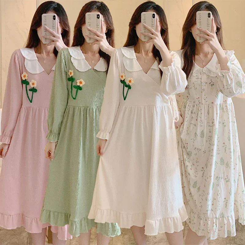 

2023 Autumn Long Sleeve Cotton Kimono Nightgowns for Women Korean Loose Sleepwear Long Dress Night Dress Nightdress Home Nighty