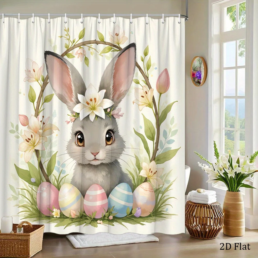 1pc Grey Rabbit with Lily Crown & Easter Eggs Shower Curtain - Pastel Spring Floral Bath Curtain with 12 Hooks, 70x70 Inch Bathr
