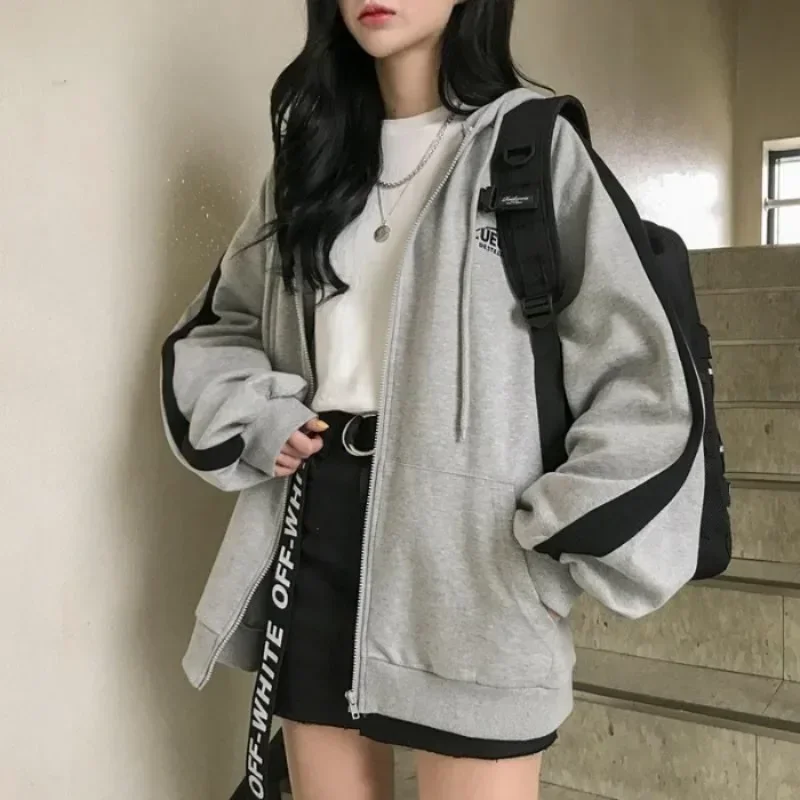 Y2k Women Casual Oversized Sweatshirt Female Streetwear Hooded Coats Pocket Loose Zip Up Harajuku Hoodies Female Zipper Jacket