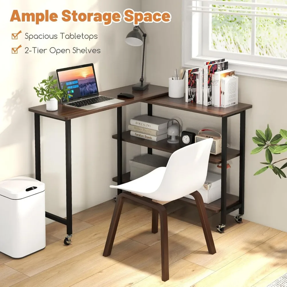 360° Rotating Sofa Side Table, Mobile End Table Couch Side Table with 2-Tier Storage Shelves, Swivel Rolling Desk w/Metal Frame