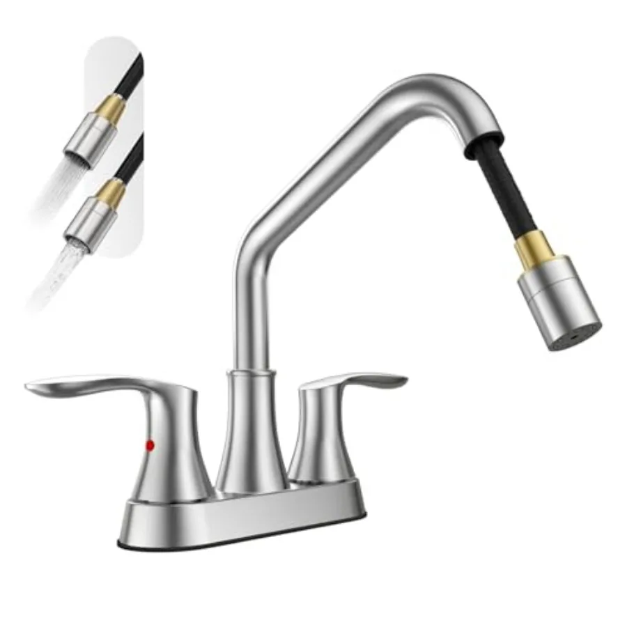 

Utility Sink Faucet 3 Hole Laundry Sink Faucet with Pull Out Sprayer Long Spout Dual Handle Modern Bathroom Faucet 4 Inch Cente