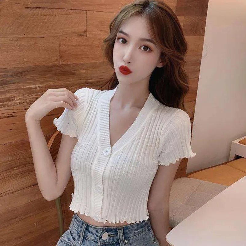 Women\'s T-shirts Fashion V-neck Button Short Section Exposed Navel Knitted Short Sleeved Cardigan