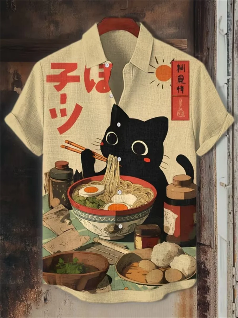 Cute Black Cat Lamian Noodles Printed Men's Short Sleeved Shirt Linen Blend Japanese Ukiyo Casual Button Loose Beach Shirt