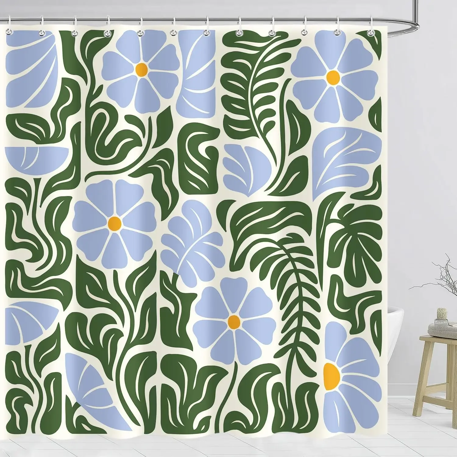 Abstract Vintage Floral Shower Curtain Blue, Boho Retro Trendy Blue Green Flower Bathroom Decor Cute, Mid Century Modern Funky