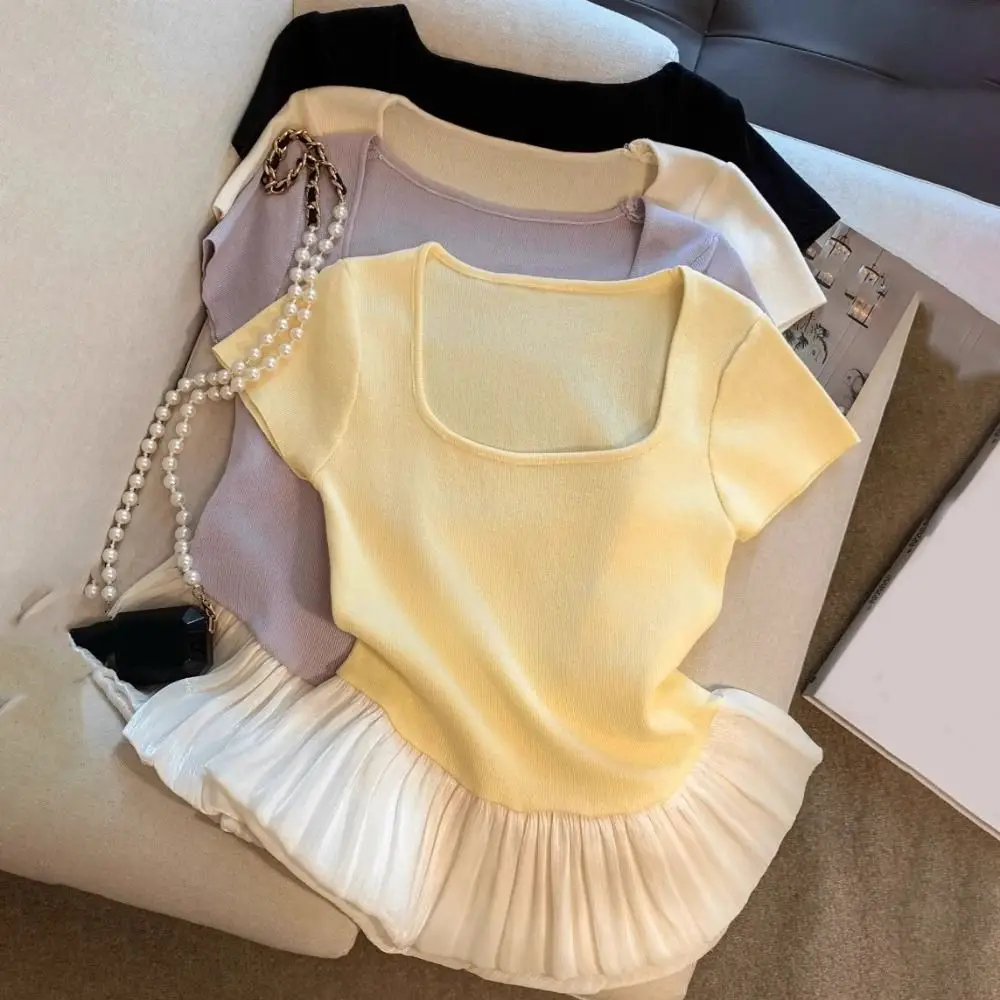 

Fashion Short Sleeve Summer Knitted T-Shirt U-neck Slim Fit Sweet Crop Tops Korean Style Patchwork Mesh Ruffle T-Shirt Girls