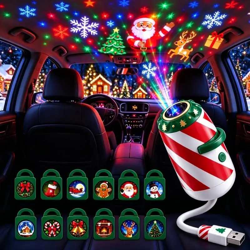 Changeable Slide Christmas Projector Christmas Car Window Projector for Parked Vehicles with 5V USB Supply One-Button D2RD
