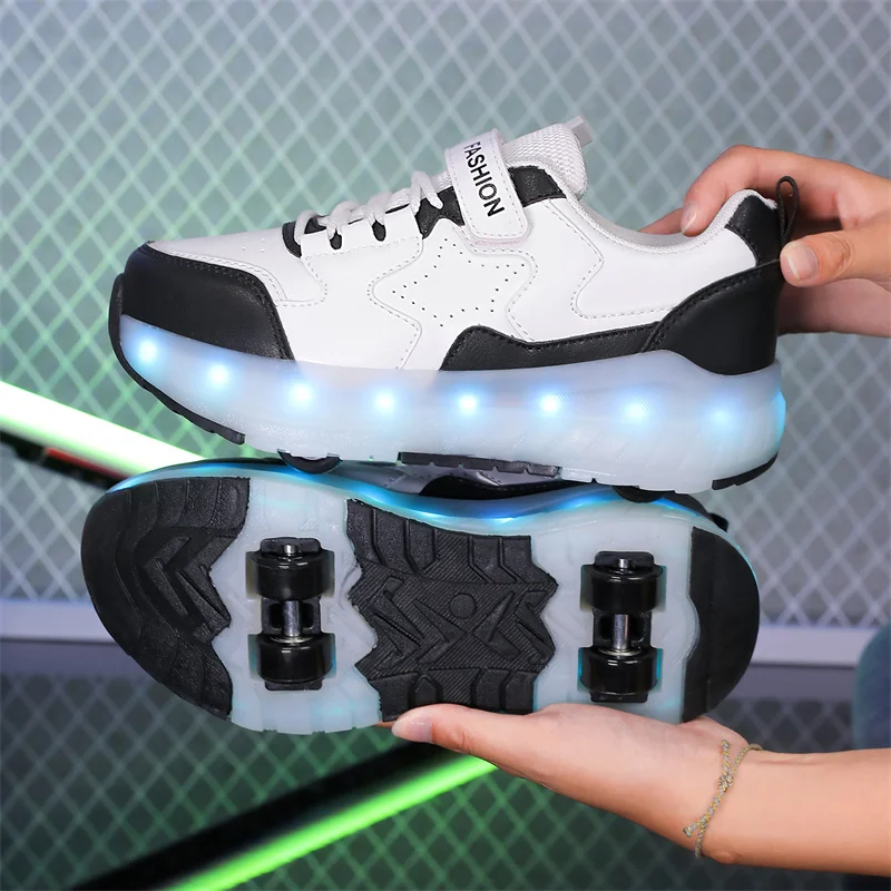 Scarpe da skate a rotelle a 4 ruote per bambini Scarpe lampeggianti per ragazze di tendenza con scarpe da ginnastica casual a doppio scopo retrattili a LED per bambini