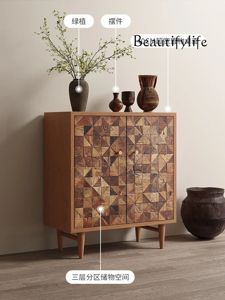 Nordic Mid-Ancient Solid Wood Home Entrance Cabinet Japanese Style Quiet Style Patchwork Sideboard Cabinet