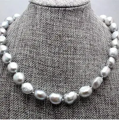 

Real 10-12MM Natural Silver Gray Akoya Cultured Pearl Baroque Necklace 18inch