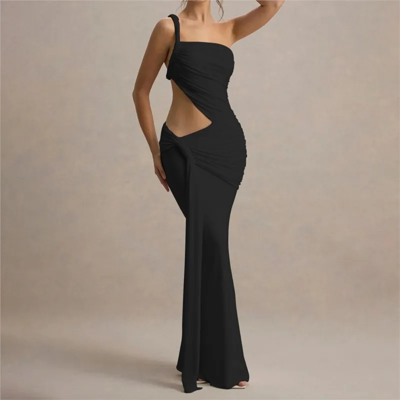 Backless Dress Vestidos Dresses 2025 Woman Vestido Femininos Single Shoulder Hollow Out Strap Solid Color Wrinkles Banquet Slim