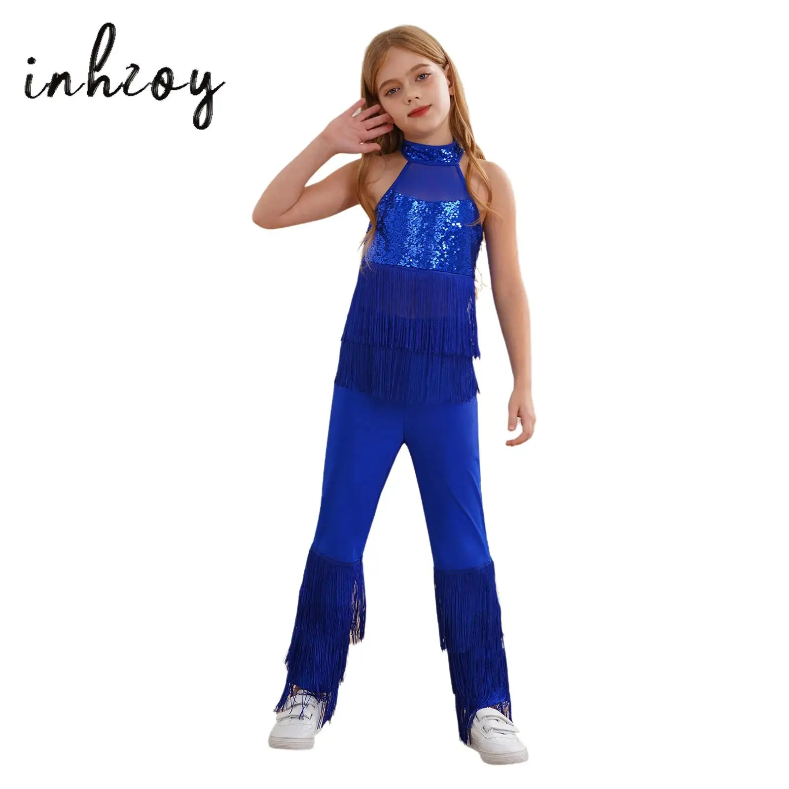 

Kids Girls Tiered Tassels Sequins Jazz Latin Dance Jumpsuit Halter Sleeveless Backless Sheer Mesh Patchwork Fringed Bodysuit