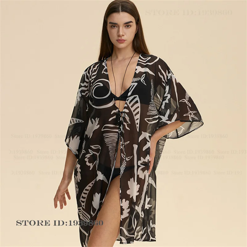 

Print Floral Women Robe Nightgown Chiffon Night Wear Nightdress Sexy Perspective Bikini Cover Robe Beach Sunscreen Cardigan