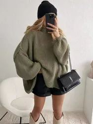 Fashion Round Neck Knitted Jumper For Women 2024 Autumn Long Lantern Sleeve Sweater Female Hight Street Warm Lady Chic Pullover