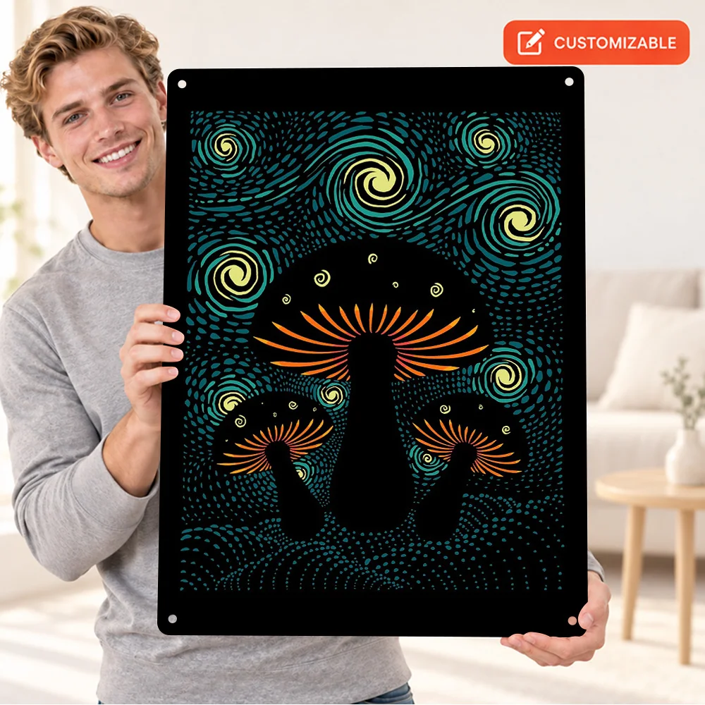 Starry Mushroom Night Textured Metal Poster Astronomy Graphic Man Cave Wall Art Personalized Aluminum Sign Gift For Stargazers