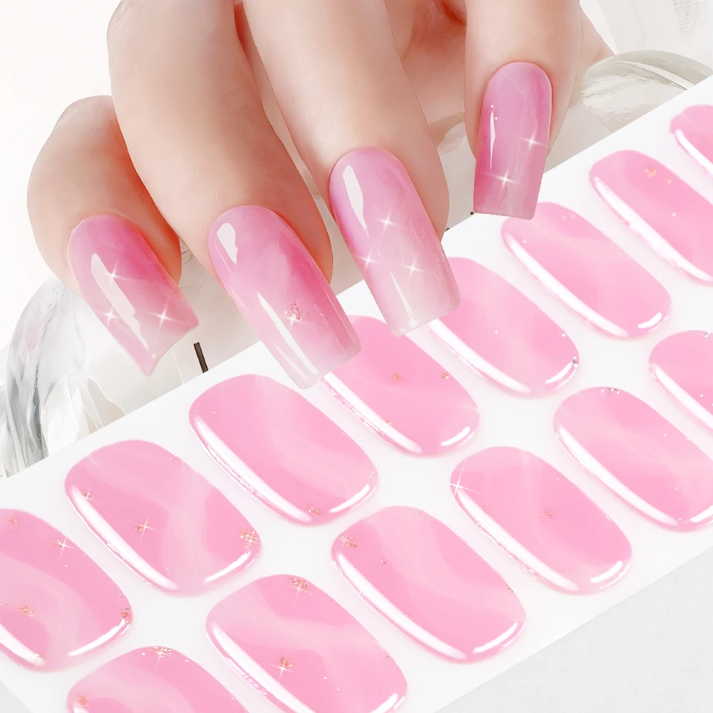 16Tips/Sheet Gradient Pink Baking-Free Gel Nail Stickers with Gold Silver Glitter Adhesive Nails Wraps Full Cover Manicure Strip