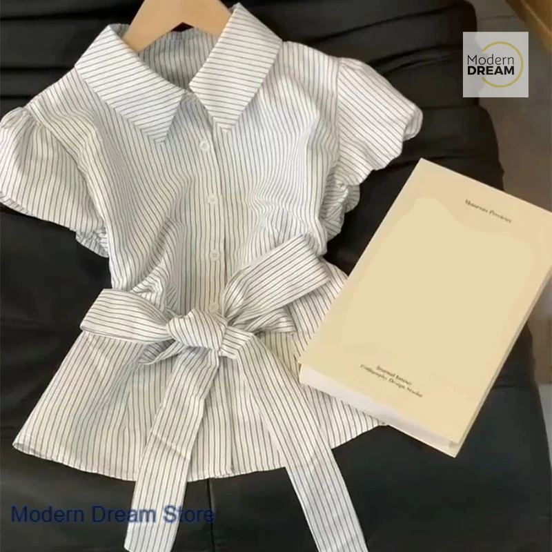 Korean-style sweet wind strap waist striped short-sleeved shirt women's summer new casual pure want to slim Joker short top.