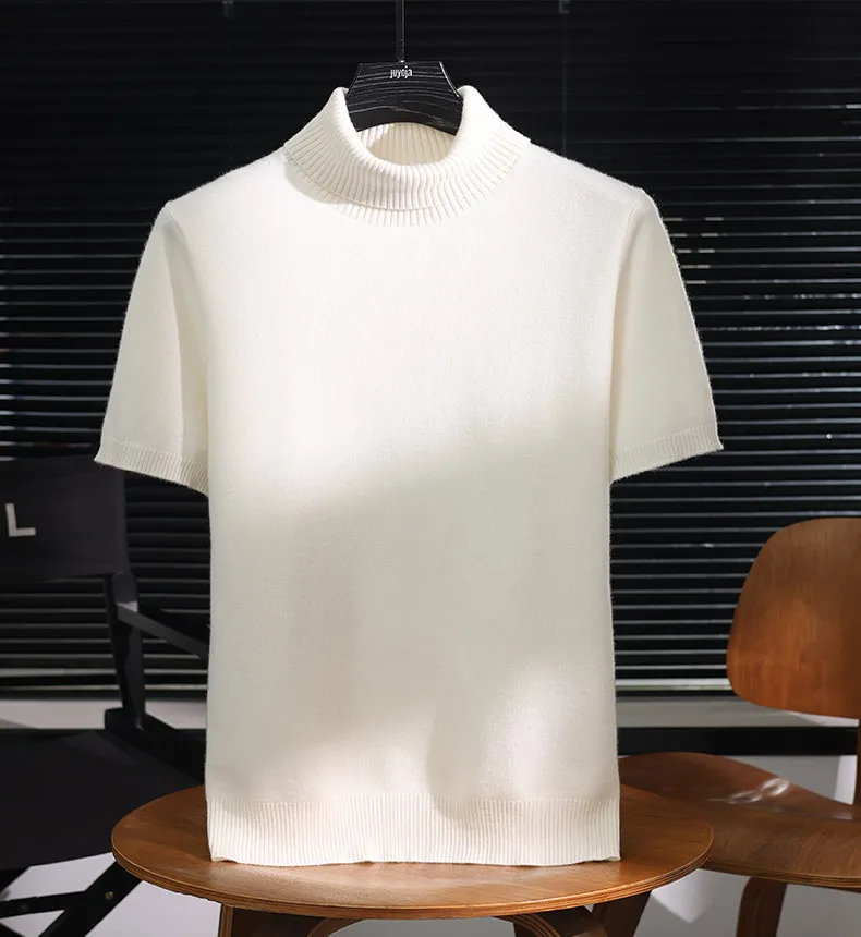 Short-sleeved T-shirt men's 100% pure cashmere sweater in spring, autumn and winter loosely knitted high-necked half sleeve.