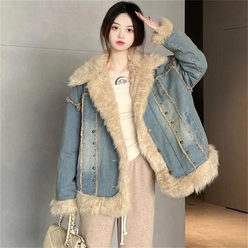 Retro Denim Jacket Women's Wool Collar Winter Cotton Clip Thick Cotton Jacket Versatile Loose Fitting Student Cardigan Top Blue