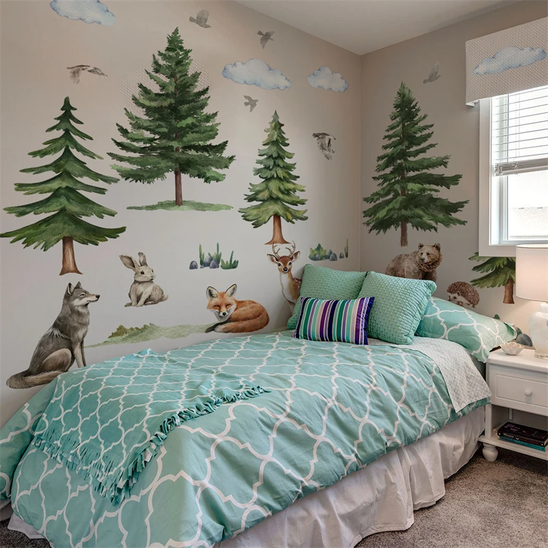ملصقات حائط على شكل شجرة صنوبر سفاري كبيرة على شكل ثعلب غزال وولف، ملصقات حائط من الفينيل لتزيين غرفة نوم الأطفال #5