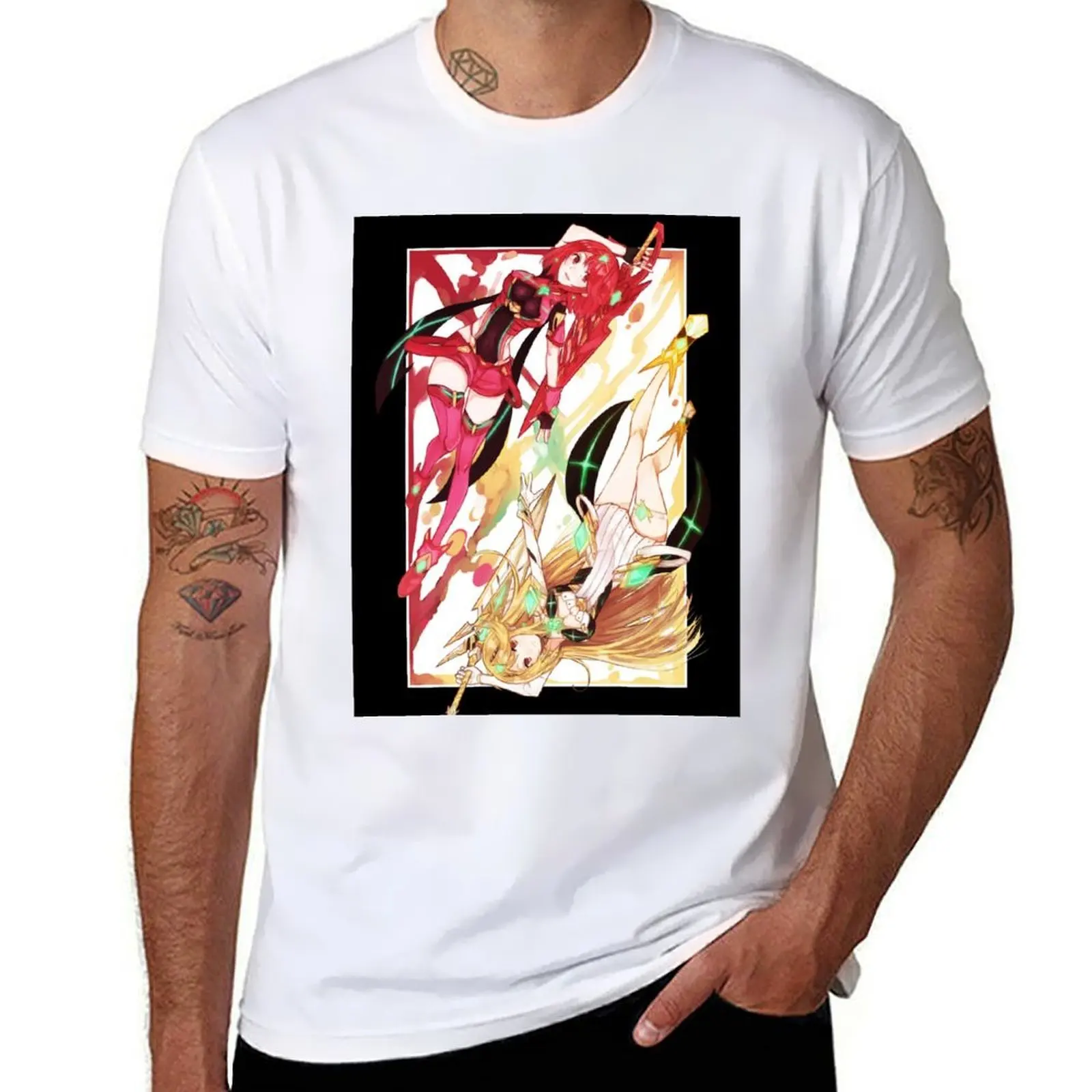 

Xenoblade 2/футболка Pyra & Mythra, мужская футболка, летние футболки с аниме для мужчин, хлопковая футболка, футболка из 100% хлопка