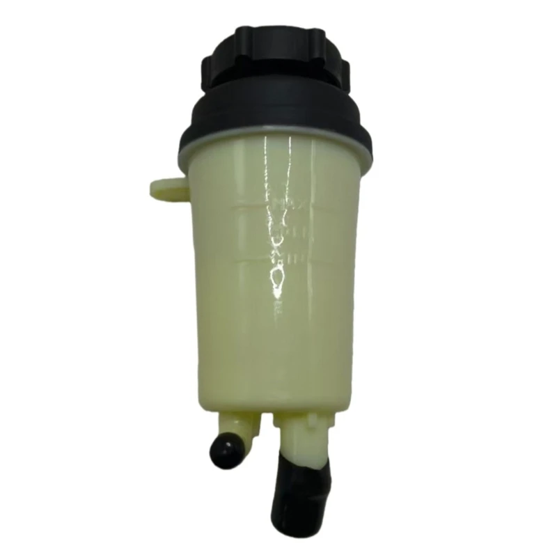 D5BE Pale Translucent Power Steering Fluid 1420238 with Integrated Mounting Point, Black Screw Cap, and 2 Visible Lower