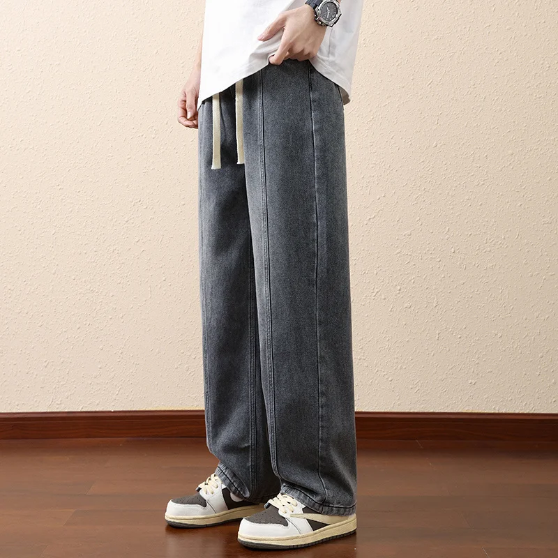 New 2023 Mens Drawstring Jeans Streetwear Loose Wide Leg Cotton Denim Pants Casual Elastic Waist Joggers HipHop Straight Trouser