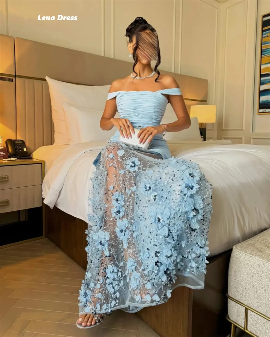 Lena-vestido largo elegante, vestidos para ocasiones personalizados a medida para ocasiones especiales, hombros descubiertos, línea de flores, bata de velada