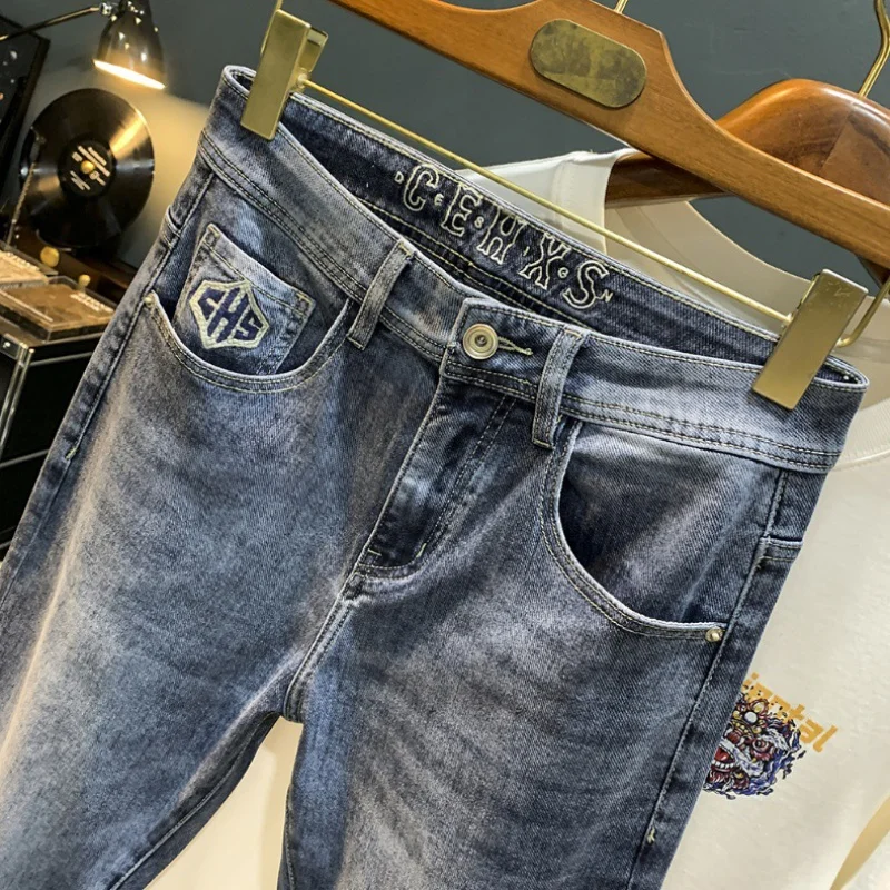 High-End Quality Men's Jeans Trendy Embroidered Straight Fashion Korean Style Handsome Blue Stretch Slim Trousers