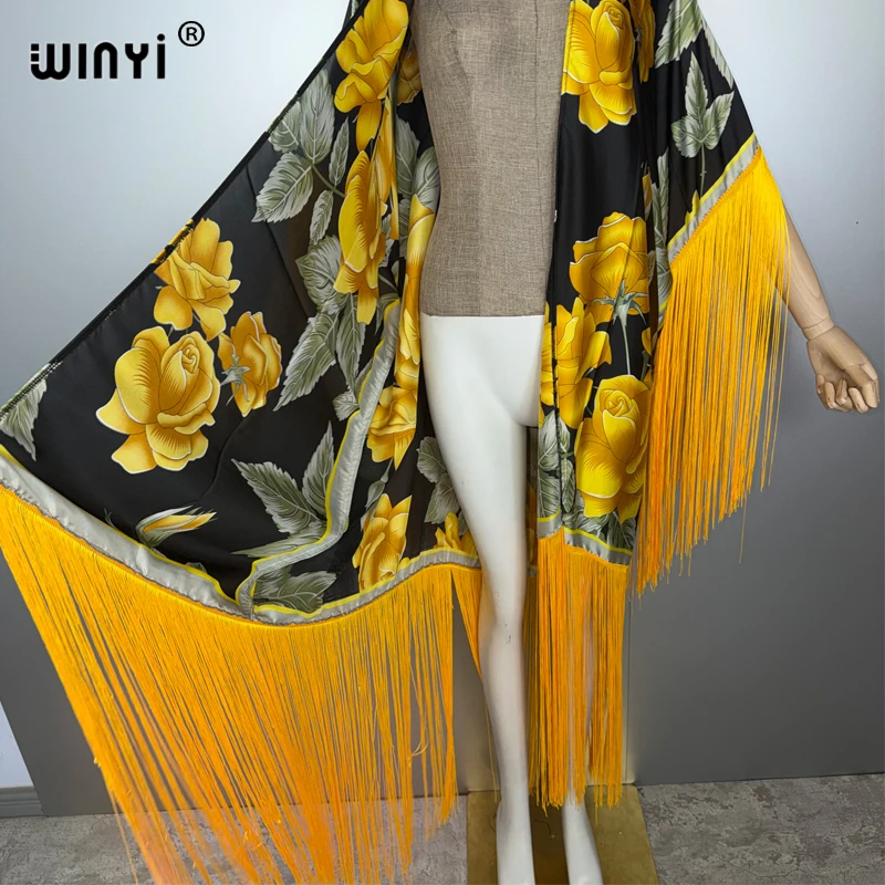 WINYI Copricostumi kimono africano Stampa bohemien Copricostume bikini Elegante cardigan moda sexy Abito lungo con nappe caftano da vacanza