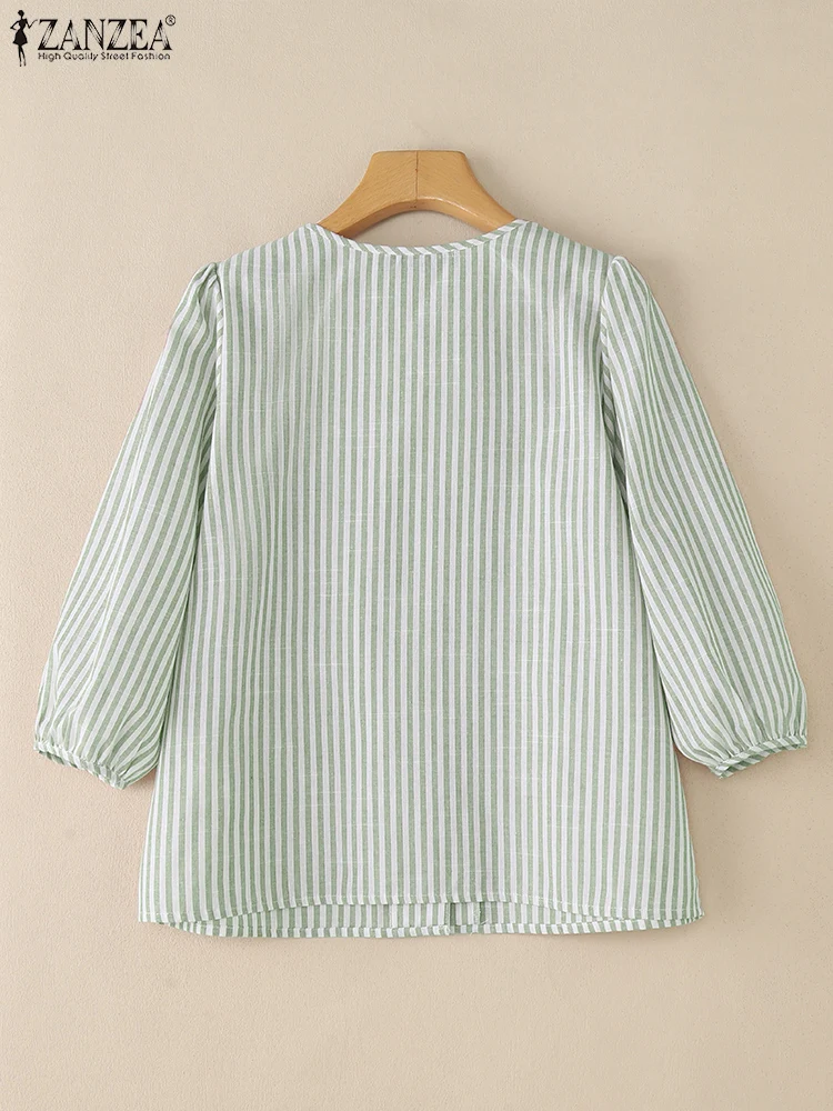 ZANZEA 甘いシャツの女性のファッション 3/4 パフスリーブストライプトップス秋 V ネックプリントボタンエレガントな韓国ブラウス仕事 OL Blusas