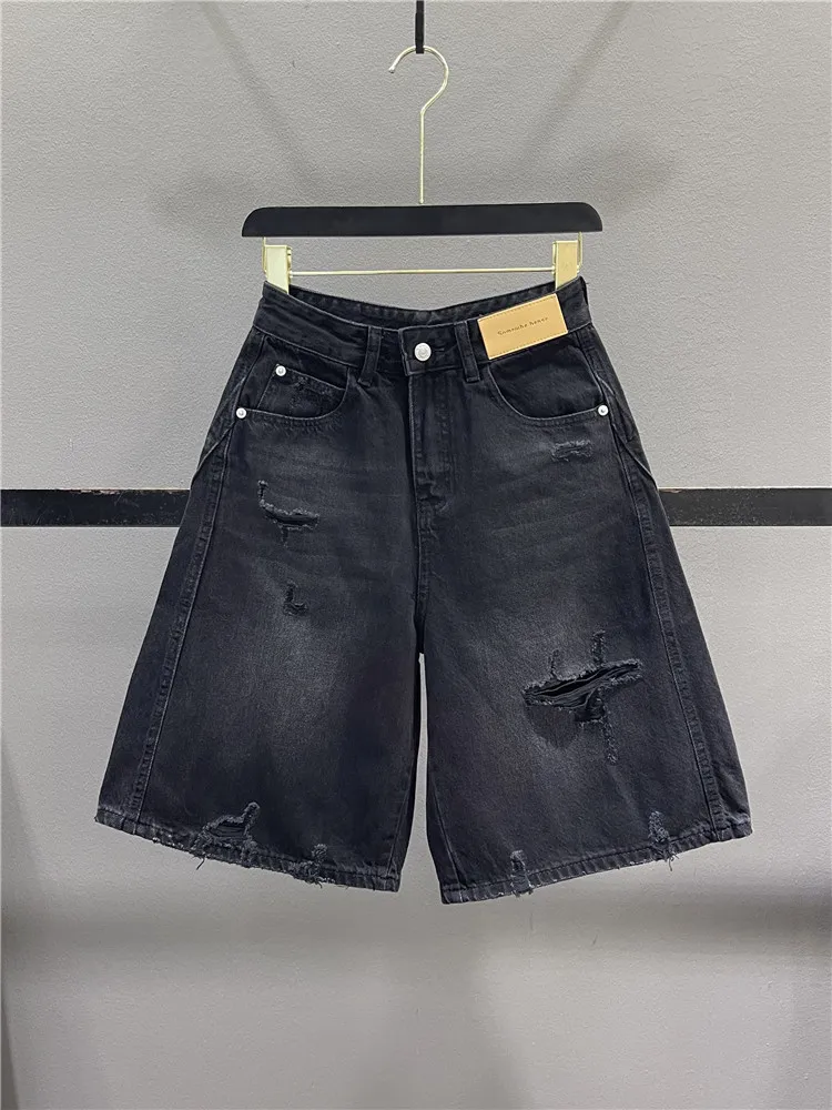 High Waist Loose Fit Casual Black Denim Five-Point Pants Women's Jeans Hole Design Summer Casual Straight Leg Trousers