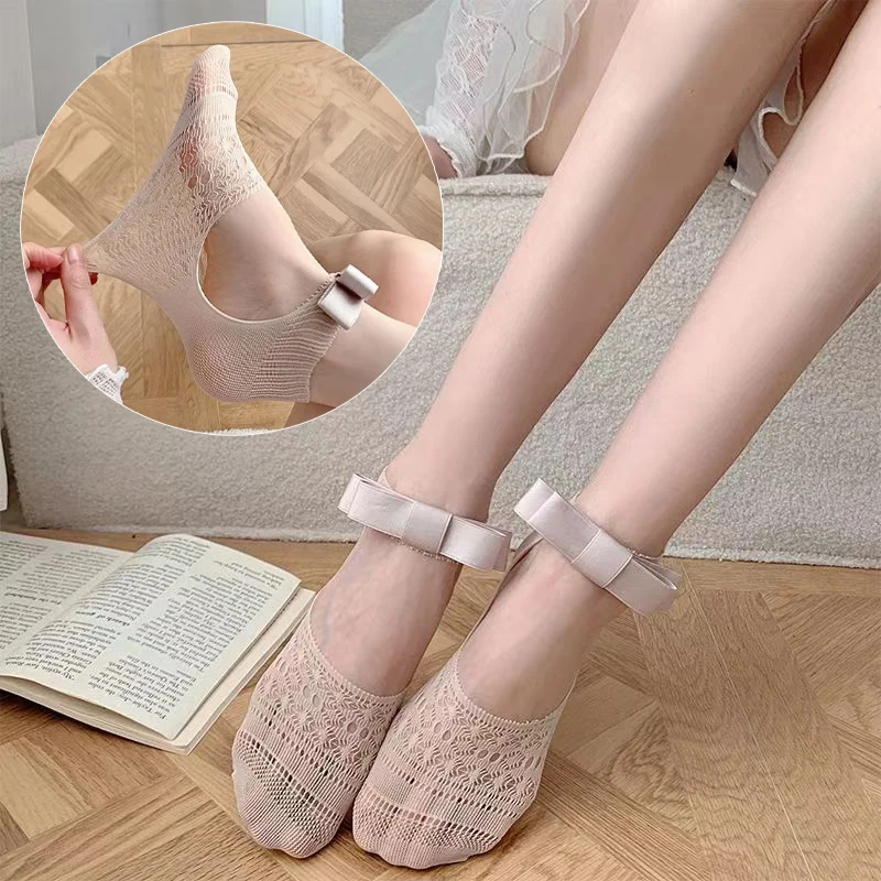

Ballet Style Sweet Bow Bandage Socks Women Hollow Out Y2k Summer Thin Breathable Invisible Lace Boat Socks Style Hosiery