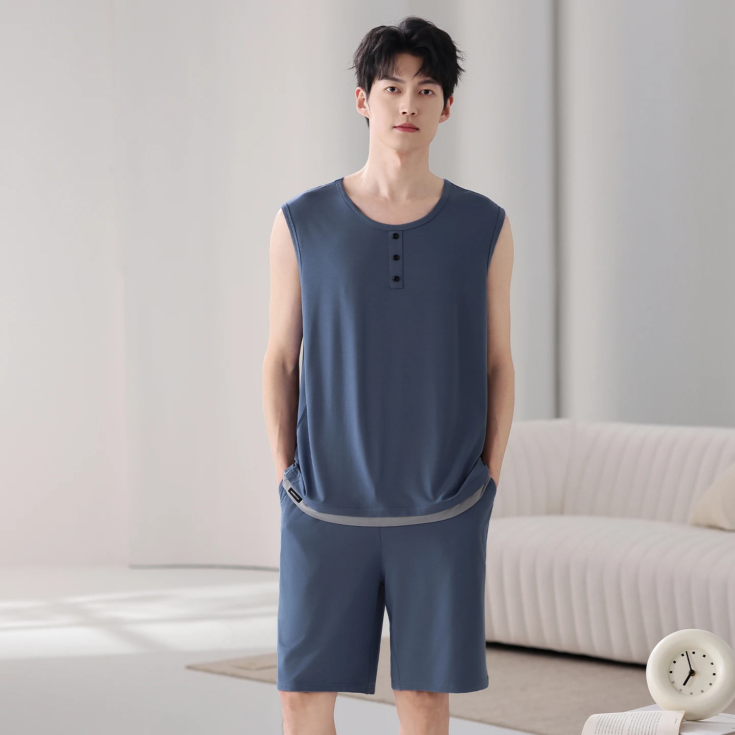 Big Yards L-4XL summer modal sleepwear men pajamas sets sleeveless tops + solid short pants pajama suit vest male homewear suit
