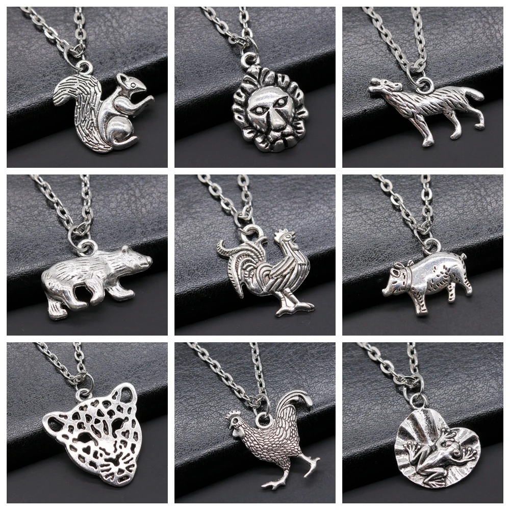 30 Styles Animal Pendant Necklace Antique Silver Color Plated Sloth Monkey Leopard Squirrel Rooster Frog Wolf Rhino Necklace - view 5