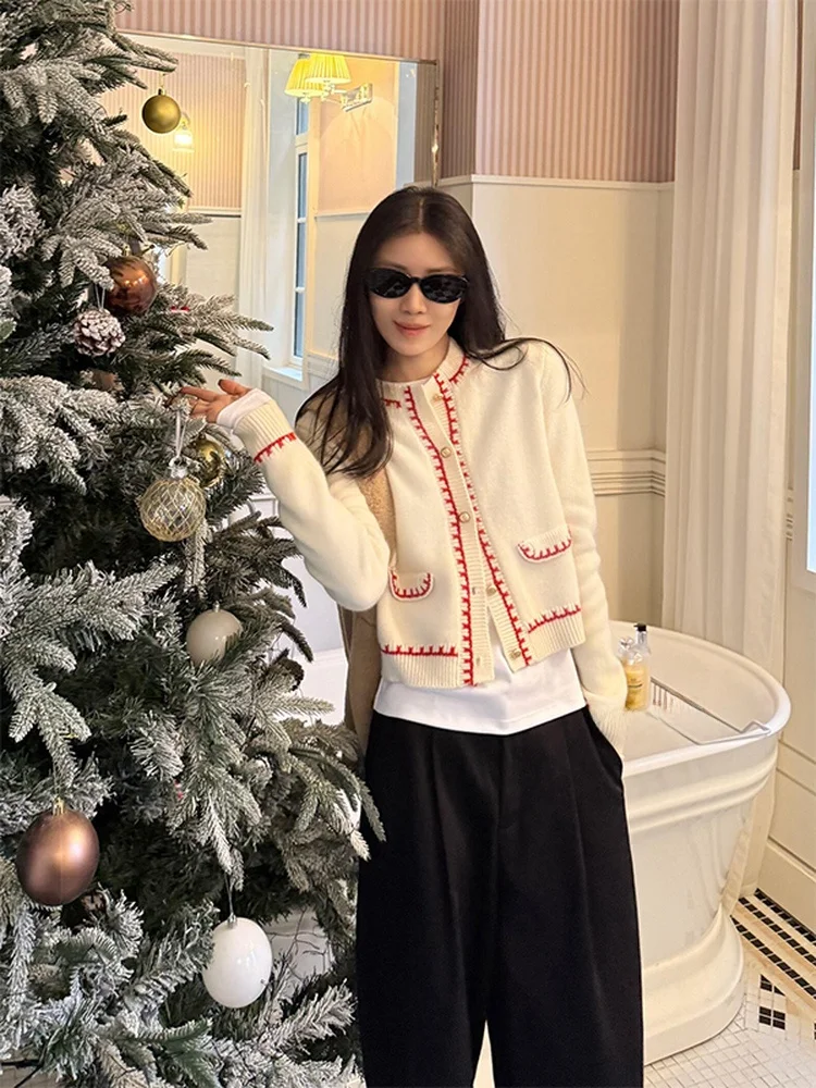 

Французский вязаный кардиган свободного кроя с длинными рукавами, женский, с круглым вырезом, в стиле колор-блок, мягкий и уютный свитер-пальто для осени и зимы