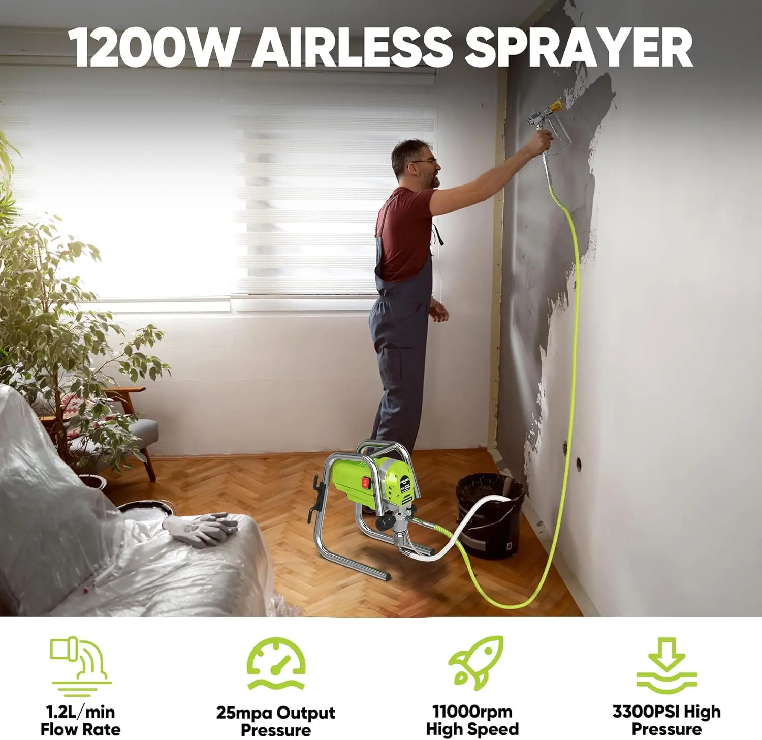 Paint Sprayer, 3300PSI High Efficiency Airless Sprayer with Extension Rod, Thinning-Free for Home Exterior and Interior