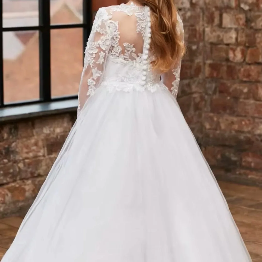 

Custom Flower Girl Dress White Long Sleeve Sheer Lace with Floral Appliqués Wedding Birthday Party Communion Dress