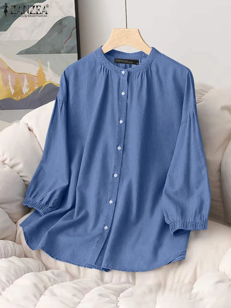 

ZANZEA Casual Women's Blouse Stylish Pleated Party Tops Female Buttons Down Work Blusas Spring O Neck 3/4 Sleeve Solid Shirt