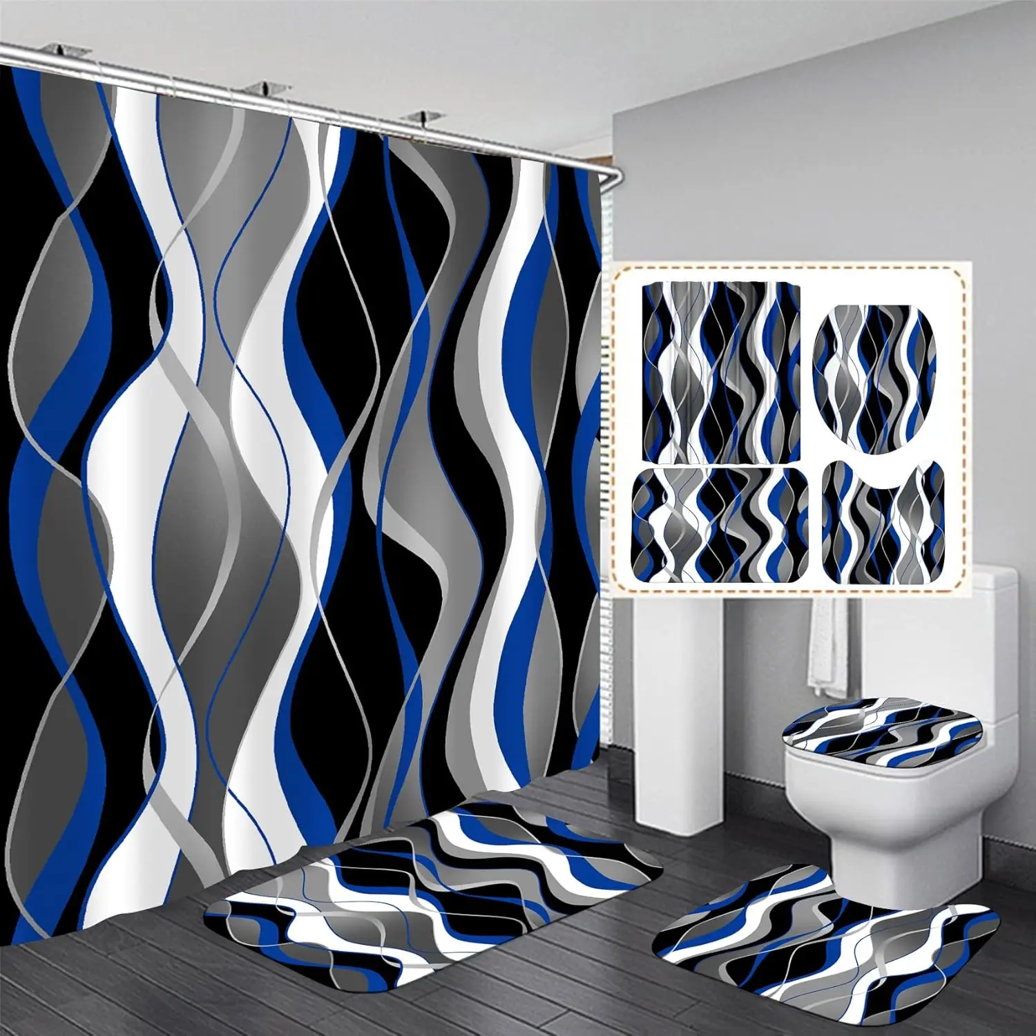 

4 Pcs Blue Shower Curtain Set with Grey Stripes, White Rugs, and Toilet Lid Cover for Modern Bathroom Decor
