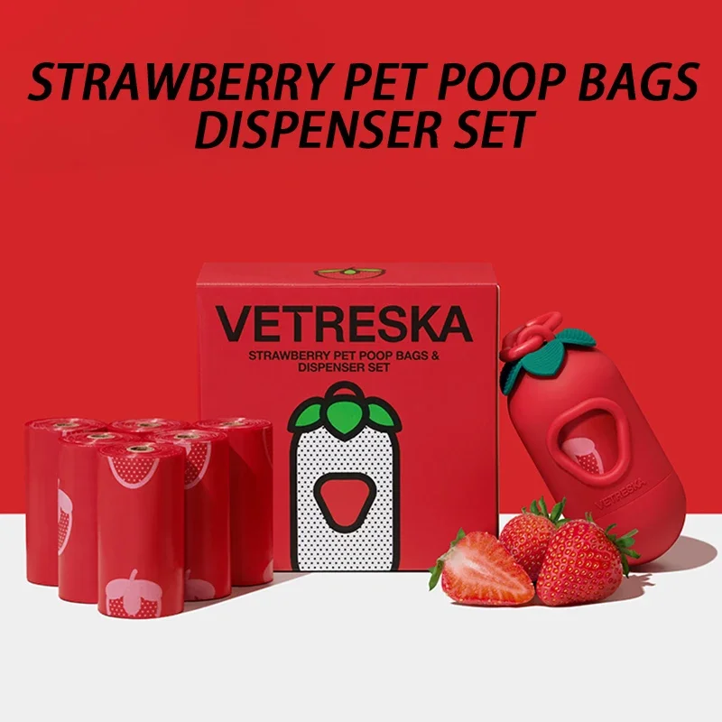 7 Rolls Dogs Poop Bags Dispenser Strawberry Scented Eco Friendly Dogs Waste Bag Thick Biodegradable Puppy Garbages Bag Collect