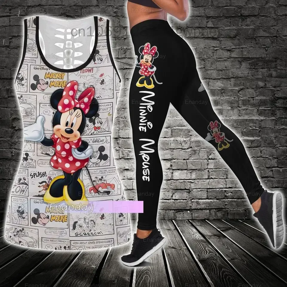 Disney Minnie Mickey Women's Hollow Out Tank Top+Women's Leggings Yoga Set Fitness Leggings Sports Set Tank Top Leggings Set