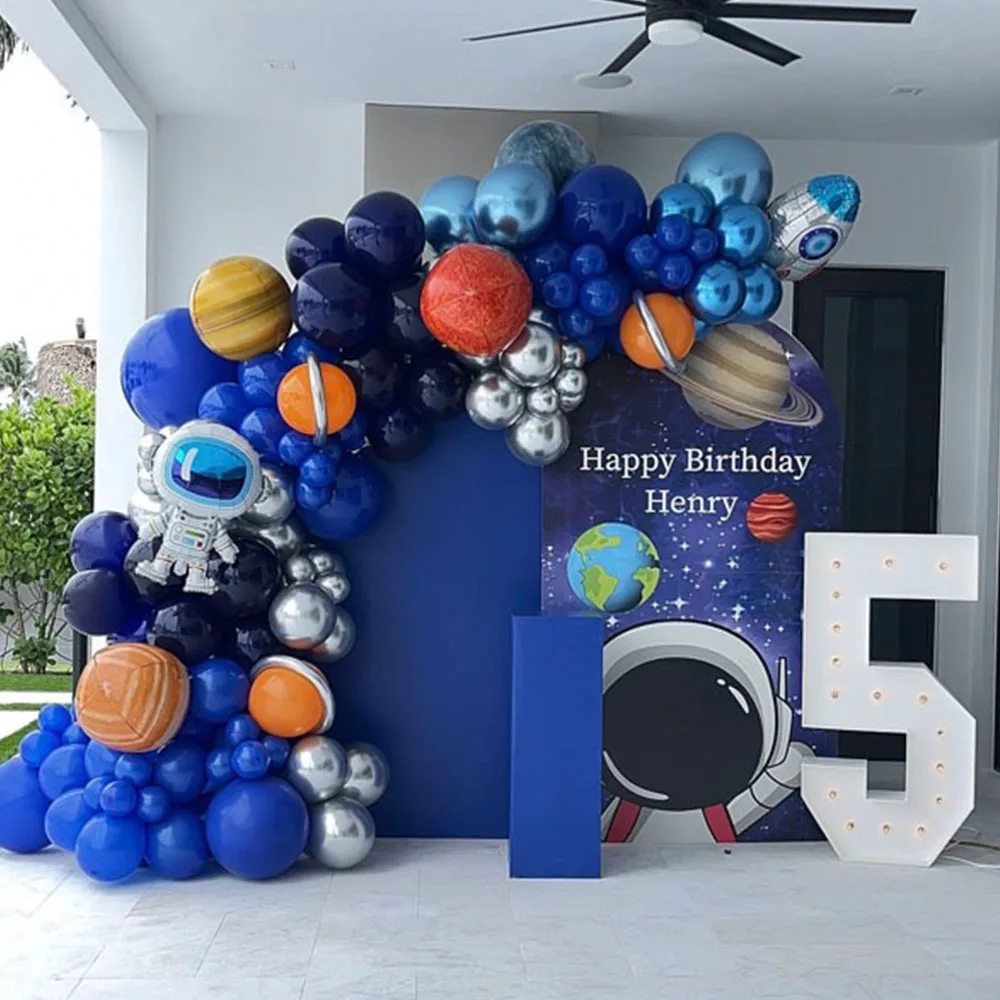 105Pcs Space-Themed Birthday Party Set Astronaut Universe Rocket Foil Balloons Night Blue Silver Orange Birthday Balloons Decor