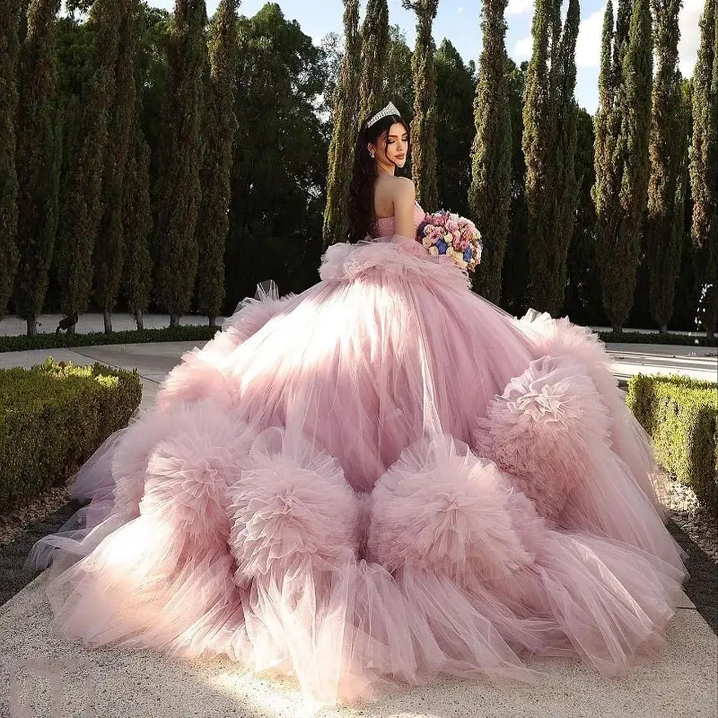 Vestido De quinceañera rosa con hombros descubiertos, traje escalonado De tul con cuentas, con cordones, para desfile, 15 Años, 2024