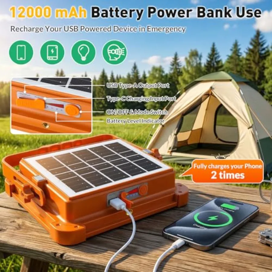 Solar Rechargeable Work Light 12000LM Portable Work Light with 12000mAh Battery LED Flood Lights with 5 Modes Outdoor Waterproo