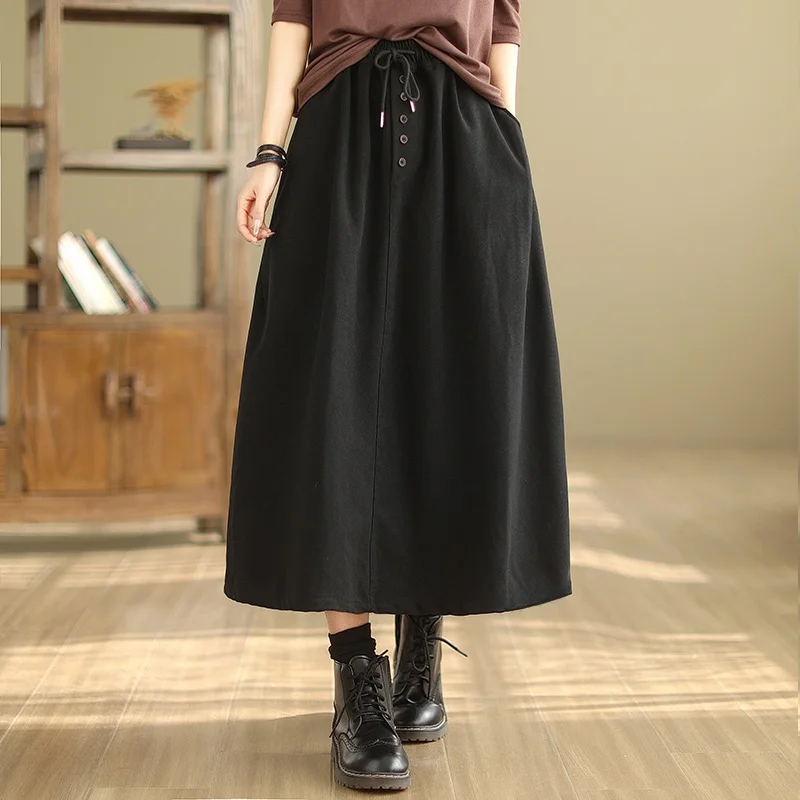 

High Waist A-Line Long Umbrella Skirt Women's Autumn Winter New Sle Loose Fit Dstring Slimming Midi Length Wool Blend