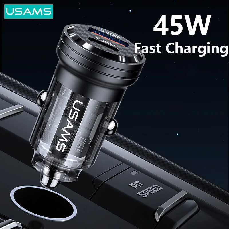 USAMS 45W Fast Mini Car Charger for iPhone iPad MacBook Xiaomi Samsung Aluminum Alloy Transparent USB Type C Phone Charger