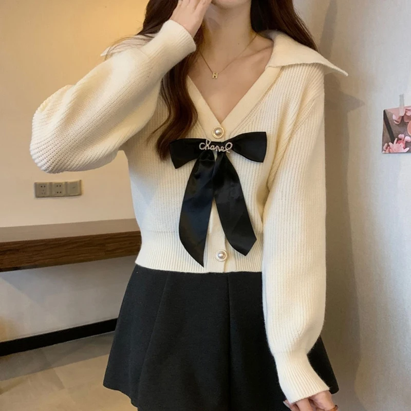 Autumn Winter Christmas Bow Knitted Cardigan Women V-neck Long Sleeve Sweet Casual Knitwear